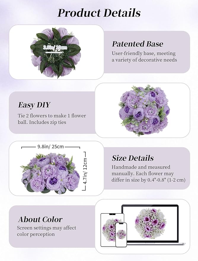 BLOSMON Flower Balls for Wedding Centerpieces: 10pc 9.5 Inch Lilac Fake Peonies Floral Arrangement Bouquet Wedding Decoration Easy Use Artificial Silk Kissing Ball Home Party Baby Shower Decor