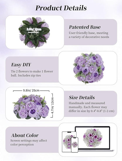 BLOSMON Flower Balls for Wedding Centerpieces: 10pc 9.5 Inch Lilac Fake Peonies Floral Arrangement Bouquet Wedding Decoration Easy Use Artificial Silk Kissing Ball Home Party Baby Shower Decor