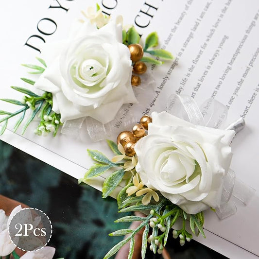 2 Pcs White Wrist Corsage and Boutonniere Set, Rose Corsage Hand for Women, Boutonniere for Men Wedding Flowers Accessories Prom Decor Party Suit Decoration (White)
