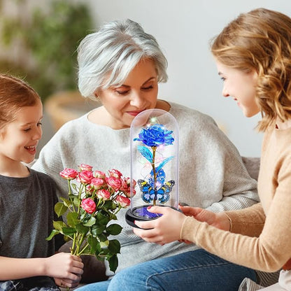 Pusuny Christmas Rose Gifts for Women Galaxy Glass Rose Forever Eternal Crystal Flower Birthday Gift Light Up Roses in Glass Dome with Butterfly Xmas Gifts for Women Mom Grandma Wife Her Sister Blue