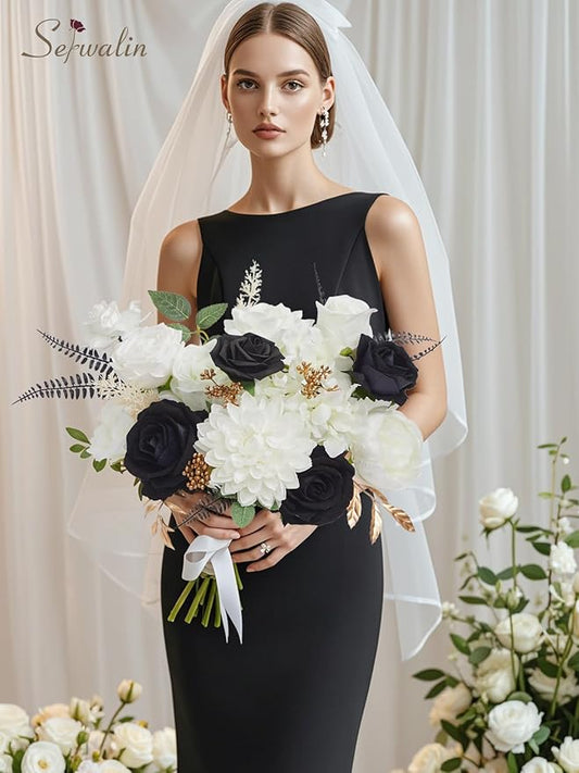 Serwalin Black Artificial Flowers, White Roses Silk Fake Flowers for DIY Wedding Bridal Bouquets, Wedding Cake Flowers for Table Centerpieces Baby Shower Birthday Party Home Decorations