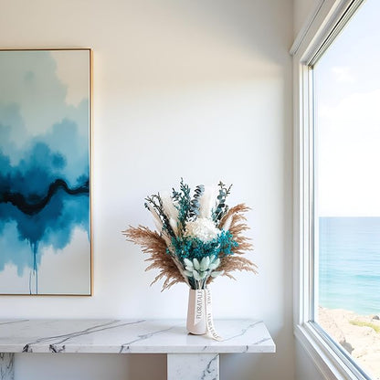 Coastal Blue Dried Flower Bouquet (No Vase) | 17'' Mini Floral Arrangement with Pampas, Hydrangea, Baby's Breath & More Natural Dried Flowers – Home Wedding Decor Centerpiece
