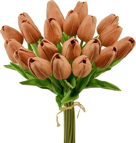 Mandy's Artificial Tulips 20 Stems Burnt Orange PU Faux Flowers for Thanksgiving and Christmas Decorations Wedding Home Decor 13.5 Inch