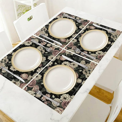 Floral Placemats Set of 8, 17x12 Inch Vintage White Pink Rose Flower Spring Plant Boho Art Print Table Mats for Home Party Kitchen Dining Decor