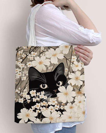 Floral Cat Print Canvas Tote Bag for Women Cat Lovers Kitten in White Flowers Reusable Grocery Shoulder Bag for Shopping Work Beach Travel Aesthetic Totes Gifts