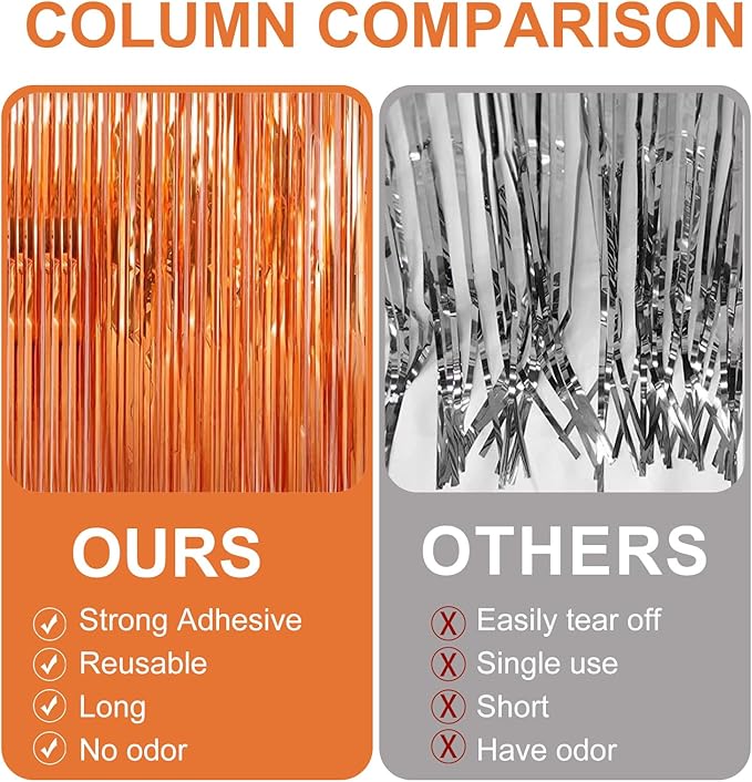 2 Pack 3.28 ft x 6.56 ft Orange Tinsel Curtain Party Backdrop Decorations, Metallic Foil Fringe Backdrop Door for Halloween, Christmas, Birthday Graduation Wedding Party Streamers Photo Backdrop.