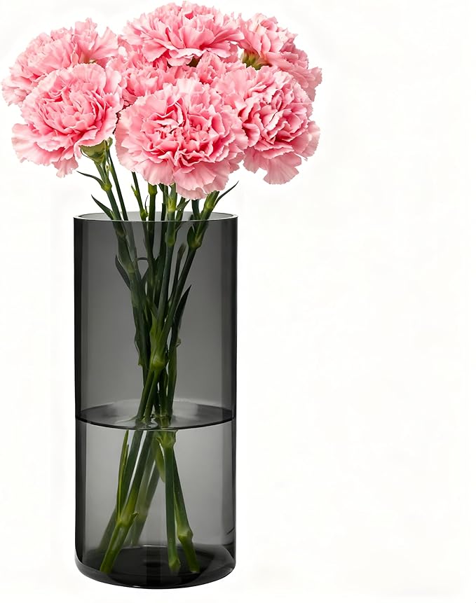 Flower Vase, Non-breakable Vases, 4" W x 10" H, Acrylic Grey Vase, Aesthetic Room Decor Cylindrical Modern Flower Vases for Table Centerpiece, Home Decor, Women Floral Arrangement Gift