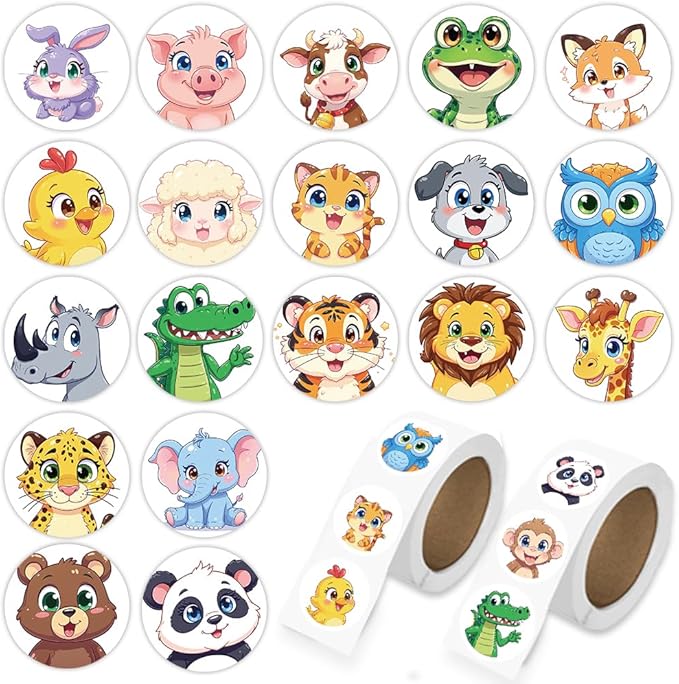 1000 Pcs Cute Animal Stickers for Kids Boys and Girls.Waterproof Vinyl Sticker Packs for Water Bottles Phone Case Laptop Book.2 Roll 1 Inch Kawaii Stickers Bulk Gift for Birthday Party Favors