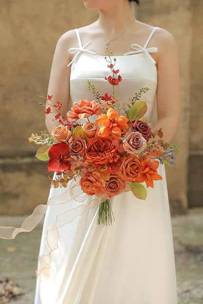 Burnt Orange Artificial Flowers Set - Fake Roses, Peonies, Silk Flowers with Stems for DIY Wedding Bouquets,Floral Arrangement,Table Centerpieces,Baby Shower, Home Decor