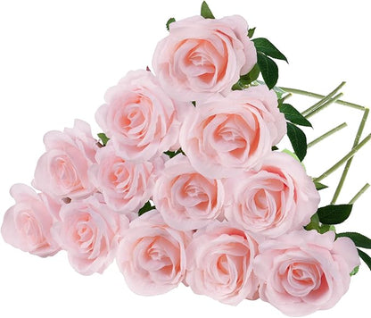 Felice Arts 12 Pack Light Pink Roses Baby Pink Artificial Flowers Silk Flowers with Stems Fake Flowers Bouquet for Wedding Centerpiece Table Vase Home Kitchen Party Valentines Decoration DIY Decor