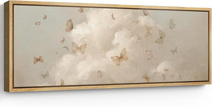 SIGNFORD Large Framed Canvas Print Wall Art Butterflies in the Clouds Dreamy Neutral Sky with Flying Butterflies Illustrations Modern Art Relax/Calm Warm for Living Room, Bedroom, Office - 60"x20"