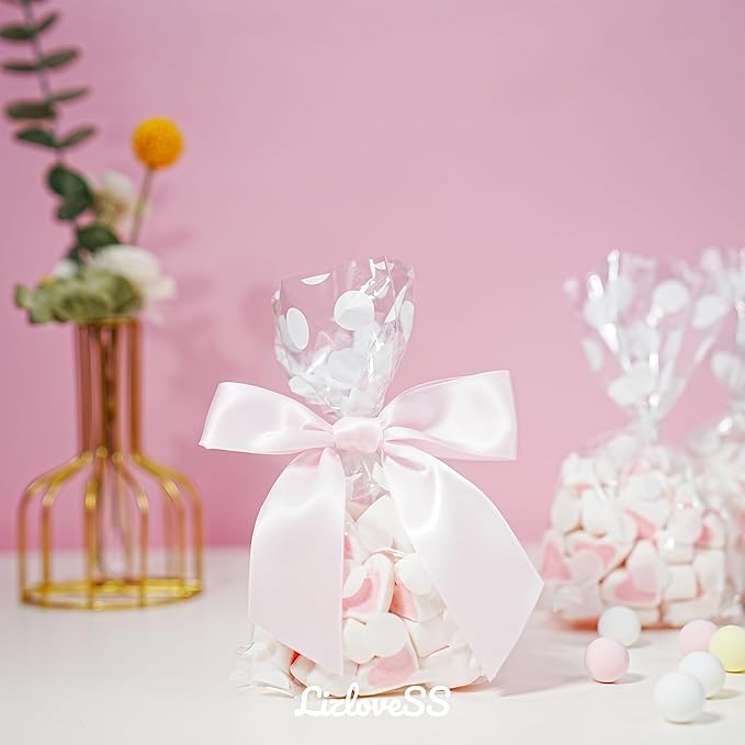 Baby Pink Satin Ribbon Twist Tie Bows 5 Inch Pre-Tied Light Pink Gift Bows for Crafts, Treat Bags, Party Favors, Wedding, Baby Shower, Candy Apple, Christmas (36 Pack)