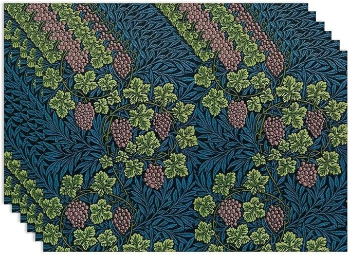 William Morris Vintage Botanical Placemats Set of 6, Retro Grapes Vines Flower Boho Plant Place Mats, Heat Resistant Non Slip Cotton Linen Dining Table Mats for Home Kitchen Party 18x12 Inch