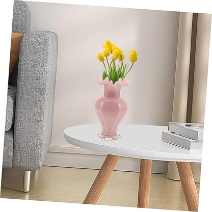 Pearlescent Pink Handblown Glass Vase with Artistic Curved Rim Unique Decorative Flower Display for Home Decor Living Centerpiece Wedding Table Accent