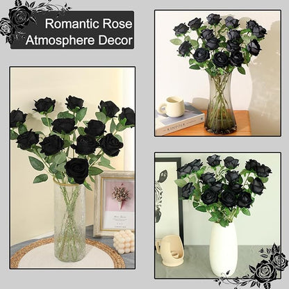 50Pcs Black Roses Artificial Flowers Fake Rose Faux Velvet Silk Flowers for Home Wedding Decoration (Pearl Roses, Pure Black)
