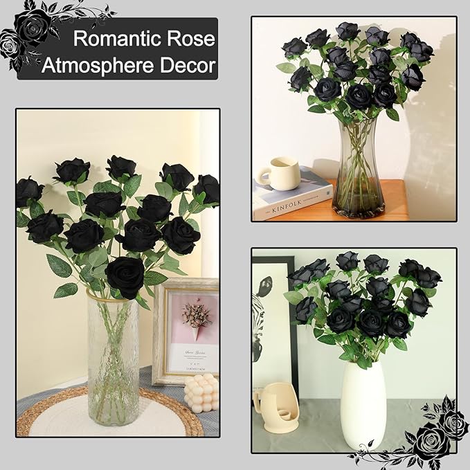 12Pcs Black Roses Artificial Flowers Fake Roses Faux Velvet Silk Flower for Home Wedding Decoration (Pearl Rose, Black)