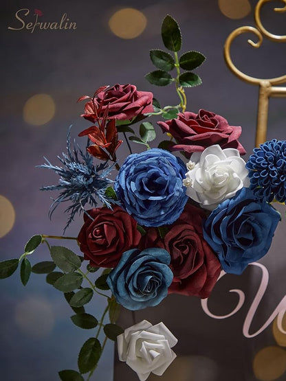Serwalin Artificial Burgundy Flowers, Blue Fake Silk Flowers for DIY Wedding Bridal Bouquets, Cake Flowers for Table Centerpieces Baby Shower Birthday Party Home Decorations