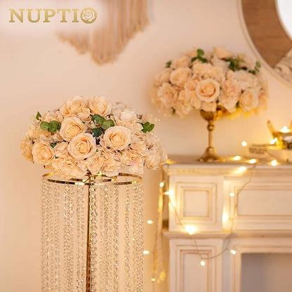 NUPTIO Flower Ball Arrangement Bouquet - 10 Pcs 15.7 inch Diameter Champagne Fake Flowers Roses Balls for Centerpieces Tables - Artificial Rose Arrangements for Wedding Centerpiece Table Decorations