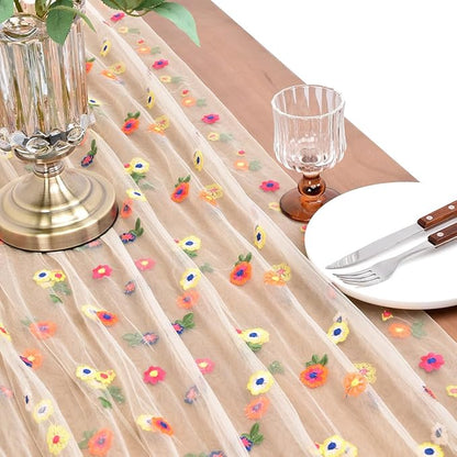 Joanlody 3pcs Champagne Embroidery Daisy Christmas Table Runner 10ft Florals Seasonal Tulle Table Runner Holiday Kitchen Dining Table Decoration for Home Party Indoor
