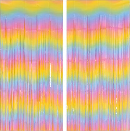 Pastel Rainbow Foil Fringe Curtains, 2Pcs 3.2x8.2ft Metallic Tinsel Foil Streamers Colourful Photo Booths Props Backdrop for Easter Princess Birthday Wedding Engagement Party Decorations