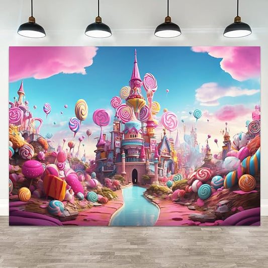 15x10ft Candyland Backdrop Sweet Candy Castle Photography Background Colorful Lollipop Blue River Cartoon Kids Birthday Banner Decorations Baby Shower Newborn Portrait Photo Booth Prop