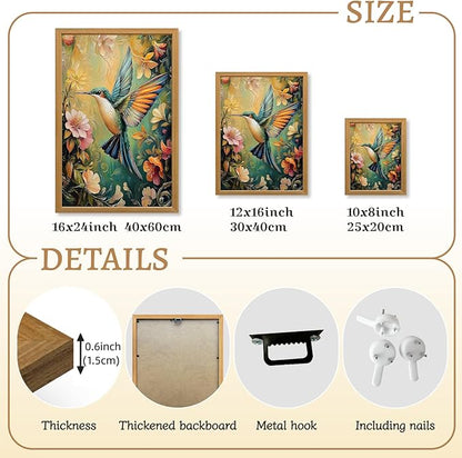 LLEEMPI William Morris Wall Art, Vintage Bird Floral Wall Decor, Hummingbird Flower Canvas Painting, Colorful Nature Botanical Aesthetic Picture for Living Room Bedroom Kid Room Wood Framed 16x24 inch