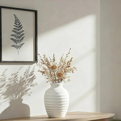 Ceramic Vase, 6.7 inch Ribbed Textured Minimalist Rustic Farmhouse Terracotta Vase for Home Decor, Table, Living Room, Entryway, Shelf, Mantel Decoration (Rice White)