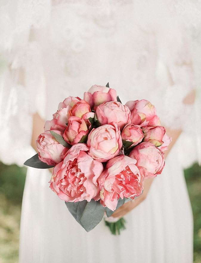 Pink Peonies Artificial Flowers 2 Bouquets Vintage Fake Peonies 14pcs Heads Silk Flowers with Stems for Wedding Decoration Bride Bouquet Faux Flowers Crafts Floral Arrangement (Pink)