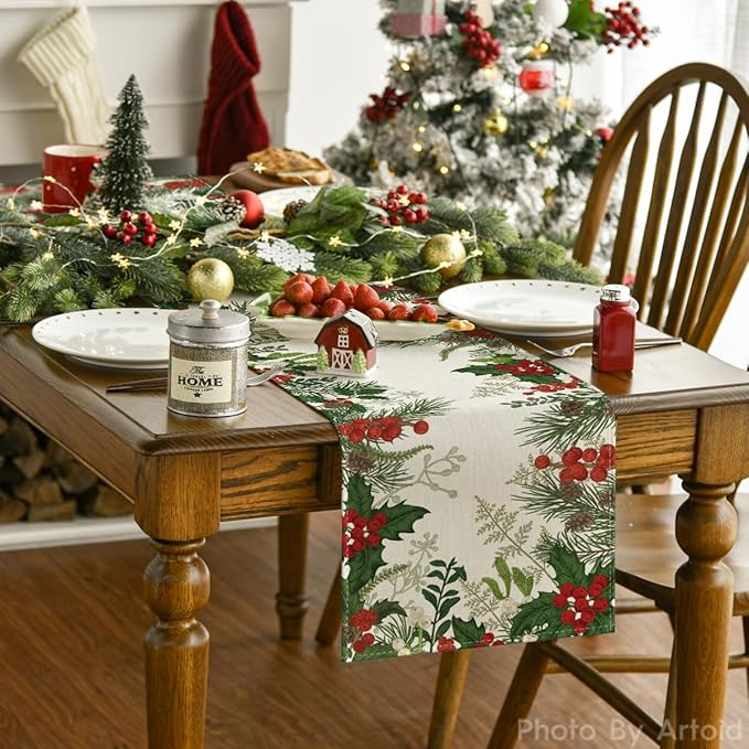 Artoid Mode Holly Pine Cone Christmas Table Runner, Seasonal Winter Kitchen Dining Table Decoration for Home Party Decor 13x60 Inch