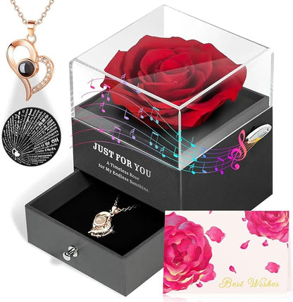 ADDWel Preserved Rose Gifts for Mom Birthday – Forever Real Rose Music Box for Women – You Are My Sunshine Gifts for Mom Grandma Wife Girlfriend – Eternal Roses Musical Box with I Love You Necklace