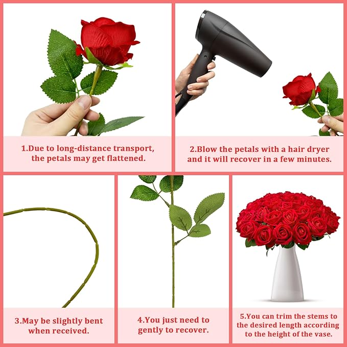 Wondrus Bulk Artificial Flowers 100 PCS, Fake Velvet Silk Red Roses with Long Stems Realistic Bouquet for Wedding Centerpieces, Faux Arrangement for Home Table Decor