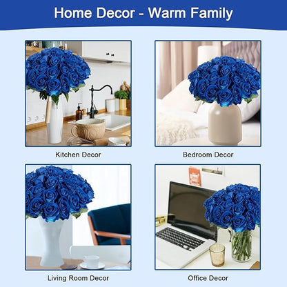 50Pcs Blue Roses Artificial Flowers Fake Roses Faux Velvet Silk Flower for Home Wedding Decoration (Pearl Rose, Blue)