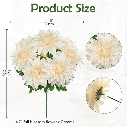 Hollyone White Artificial Dahlia Flowers Bush 7 Heads Silk Fake Dahlias Flowers with Stems Wedding Bouquets Faux Dahlia Flowers Floral Arrangements for Outdoor Indoor DIY Table Centerpieces Home Decor