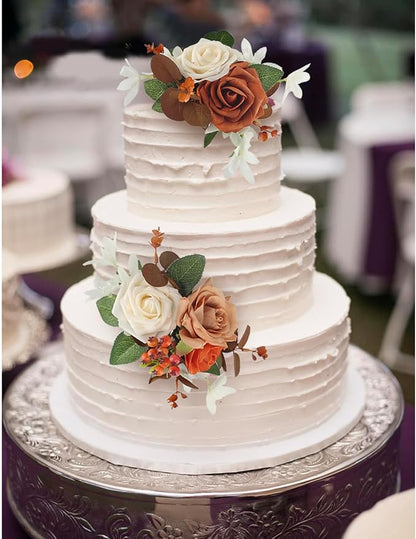 Rinlong 3Pcs Cake Topper Set Artificial Flowers for Cake Decor Burnt Orange Fall Wedding Cake Decorating Flowers for Baby Shower Birthday Party