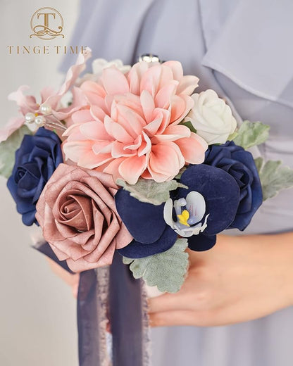 TINGE TIME 7inch Wedding Bouquets for Bridesmaid, Artificial Flowers Cascading Bridal Bouquet for Wedding (Dusty Rose & Navy Blue, Set of 4)