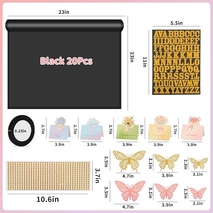52Pcs Flower Bouquet Wrapping Paper Accessories Kit, 20 Sheets Black Waterproof Floral Wrapping Paper, 12 Gold 12 Pink Butterflies, 5 Cards, 1 Black Ribbon, 1 Letter 1 Rhinestone Sticker (Black Edge)