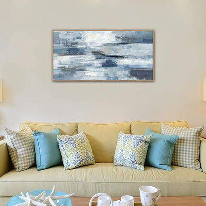 Abstract Framed Canvas Wall Art Vintage Blue White Grey Pictures Ocean Wall Decor Modern Artwork Painting Prints for Living Room Bedroom Bathroom Office Home Decoration Ready to Hang 24" X 48"