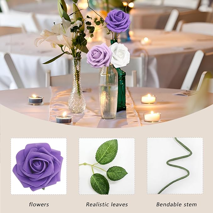 200PCS Artificial Flowers Purple Mixed Series Roses Real Looking Foam Fake Roses with Leaves and for DIY Wedding Bouquets Bridal Shower Centerpieces Party Decorations (Purple Series, 200)