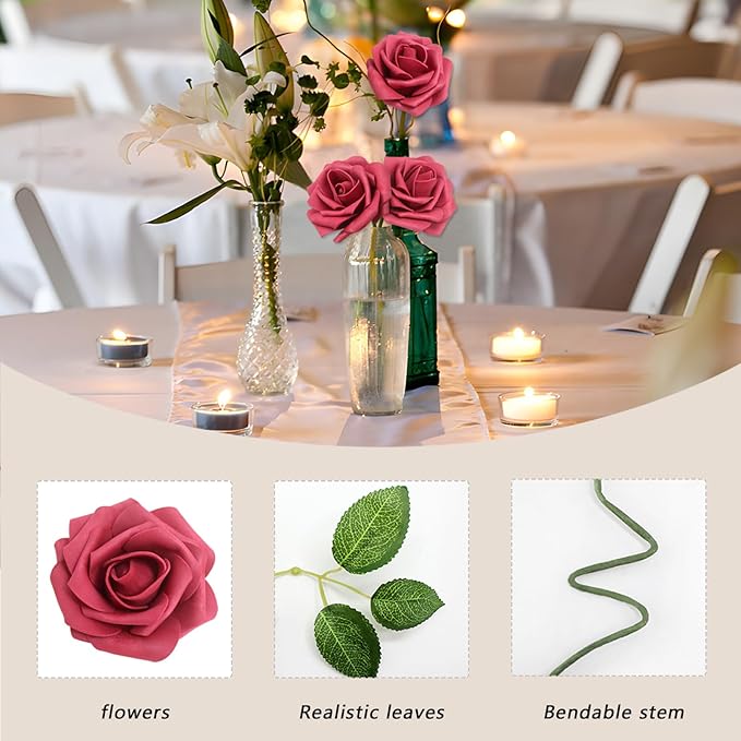 200PCS Artificial Flowers Burgundy Roses Real Looking Foam Fake Roses with Leaves and for DIY Wedding Bouquets Bridal Shower Centerpieces Party Decorations (Burgundy, 200)