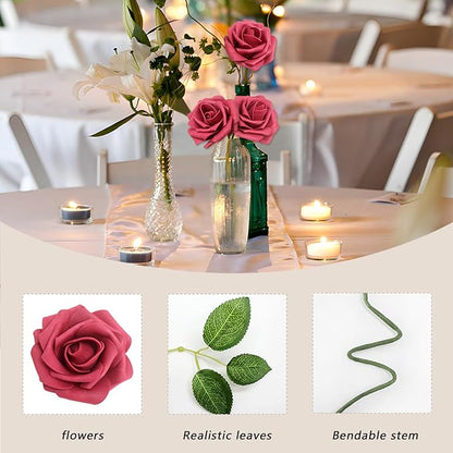 200PCS Artificial Flowers Burgundy Roses Real Looking Foam Fake Roses with Leaves and for DIY Wedding Bouquets Bridal Shower Centerpieces Party Decorations (Burgundy, 200)