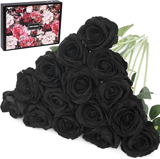 Cloudecor 15Pcs Black Roses Artificial Flowers Fake Roses Long Stem Velet Rose Silk Flowers for Home Wedding Decoration (Round Rose,Black)