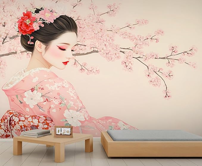 KIREUPA Japanese Cherry Blossom Wall Mural, Kimono Woman Geisha 3d Wall Murals, Oriental Beauty Wallpaper Mural, for Living Room Bedroom Large Wallpaper Indoor Decor 59" W x39.4 H