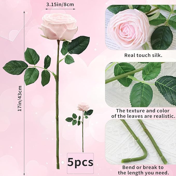 5Pcs Light Pink Real Touch Artificial Silk Flowers with Stems - Lifelike Latex Austin Rose Peony for Wedding Bouquets, Home Decor, DIY Floral Arrangements