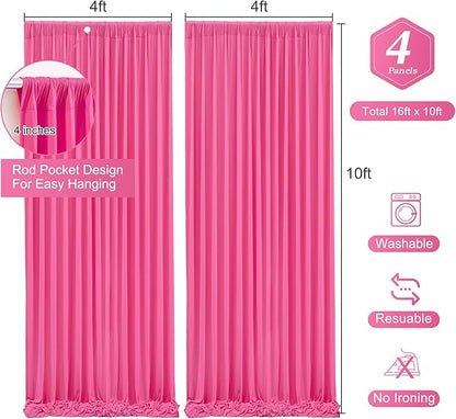Hot Pink Backdrop Curtain 4 Panels-Wrinkle-Free Polyester Photography Drapes for Wedding Party Photo Background Decorations- 16 X10FT (Hot Pink)
