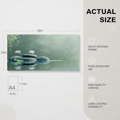 Iallbin Zen Stone Wall Art & Zen Wall Decor, Tranquil misty pond two white lotus flowers -for Yoga Meditation Room, Spa & Bathroom, Green Serenity Art Deco Style, Ready to Hang, 58x29 Inches