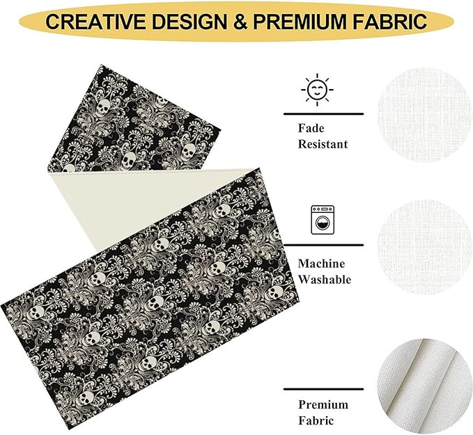 Gothic Table Runner, Black Damask Skull Boho Vintage Art Print Linen Table Center Decor Family Kitchen Outdoor Farmhouse Holiday Party Table Decorations 13x36 inch
