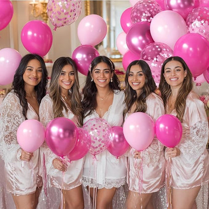 Pink Confetti Balloons Set, 50pcs 12 Inch Metallic Hot Pink Balloons, Light Pink Latex Party Balloon with Pink Ribbons for Girls Women Birthday Bridal Shower Wedding Princess Party Decorations