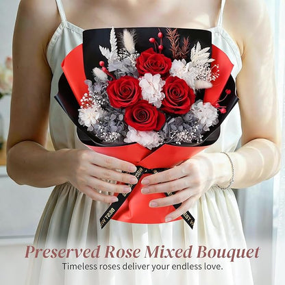 Lewondr Flower for Delivery, Preserved Flowers Bouquet, Red Rose Bouquet with Gift Box, Real Long-Lasting Forever Birthday Flowers Gifts for Wife Girlfriend Mothers Day Anniversary Proposal, White-Red