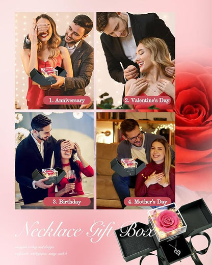 Birthday Gifts for Women, Preserved Real Roses with Heart Necklace I Love You in 100 Languages, Romantic Anniversary Wedding Gifts for Women Her Girlfriend Wife, Forever Roses Necklace Gift Box Pink