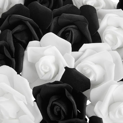 Bright Creations Black & White Roses Stemless Foam Rose Heads - 100 Pack, 3 in Polyethylene Craft Foam - Faux Flowers for DIY Arrangements & Wedding Flowers